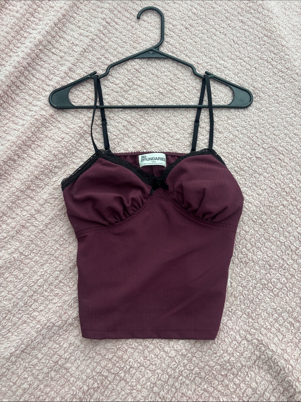 No Boundaries Burgundy Cami with Black Lace Trim